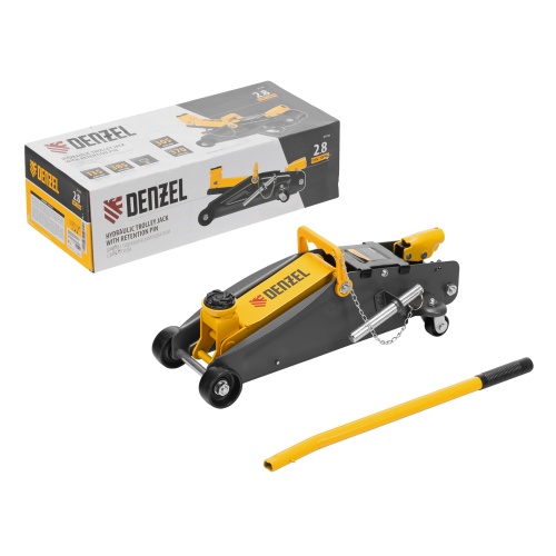 домкрат гидравлический подкатной denzel 2,8 т 135-385 мм с фиксатором