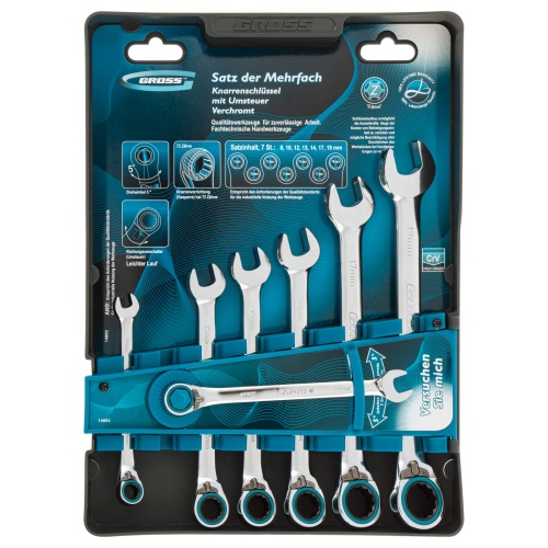 набор ключей комбинированных с трещоткой gross 14892 8-19 мм 7 шт реверсивные фото 4