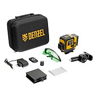 лазерный уровень мультипризменный denzel dlv-360-3c 30 м зеленый луч li-ion 2,4 aч в кейсе