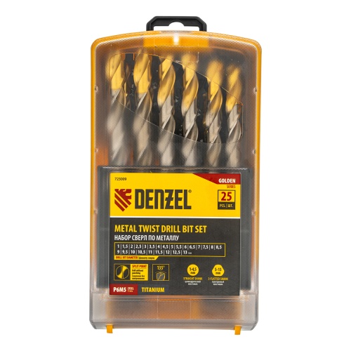 набор сверл по металлу denzel р6м5-tin 1-13 мм golden tip 25шт фото 3