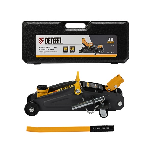 домкрат гидравлический подкатной denzel 2,8 т 135-385 мм в кейсе