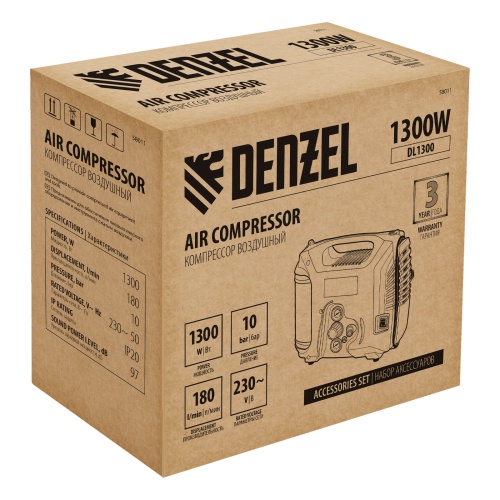 компрессор воздушный denzel dl1300 10 бар 1300вт 180 л/мин 5 л с набором аксессуаров фото 4