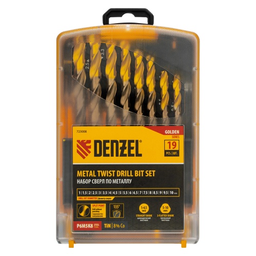набор сверл по металлу denzel р6м5к8-tin 1-10 мм golden tip 19шт фото 3