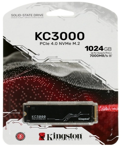 накопитель ssd kingston 1tb kc3000 m.2 2280 pci-e gen4.0 x4, nvme, r/w 7000/600mb/s, 800tbw, rtl (skc3000s/1024g)