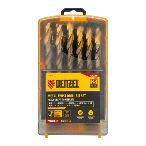 набор сверл по металлу denzel  р6м5к8-tin 1-13 мм golden tip 25шт фото 3