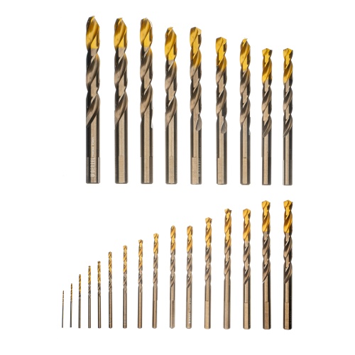 набор сверл по металлу denzel  р6м5к8-tin 1-13 мм golden tip 25шт фото 8